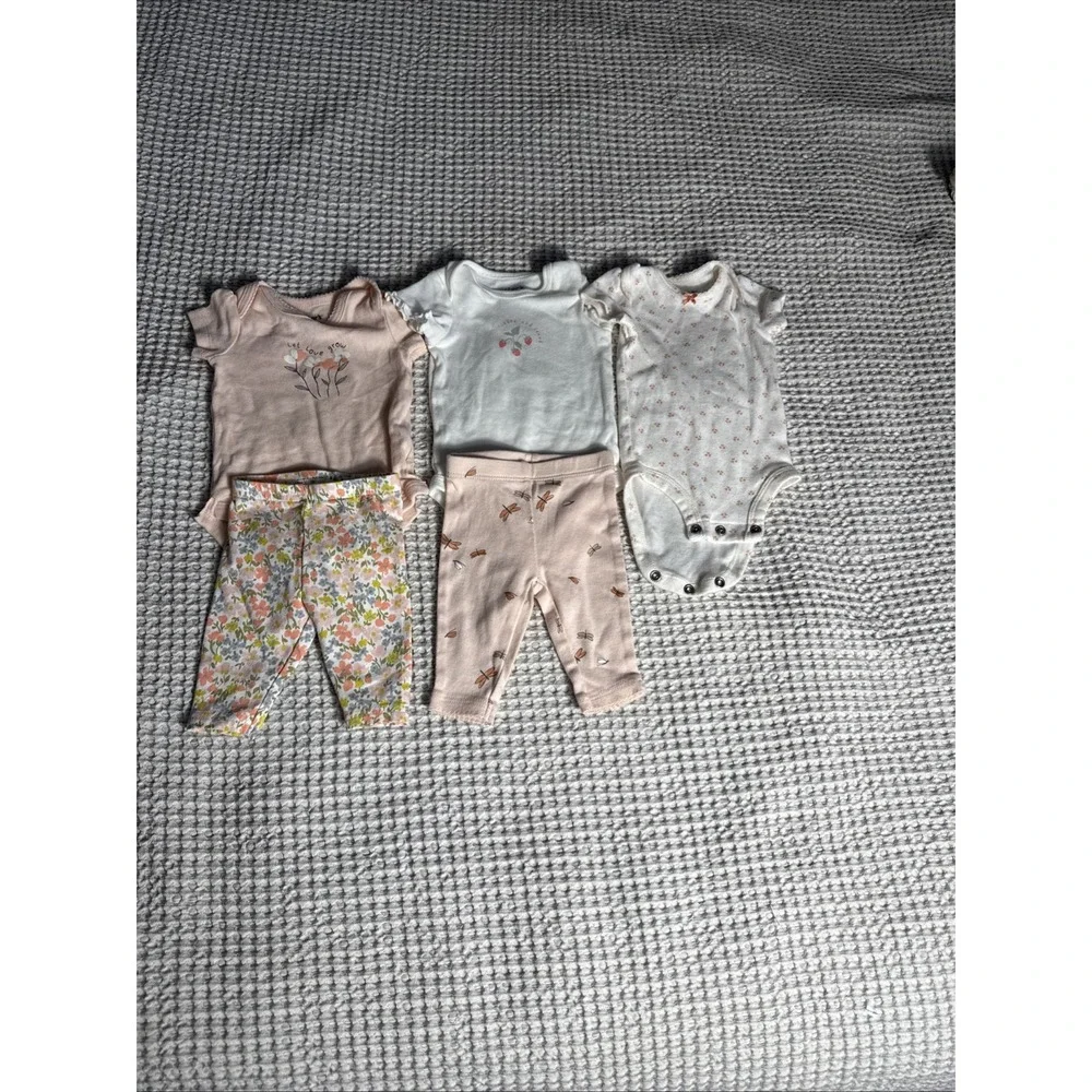 Carter's Baby Girl 5 Piece Outfit Bodysuits Leggings‎ Floral Dragonflies Newborn